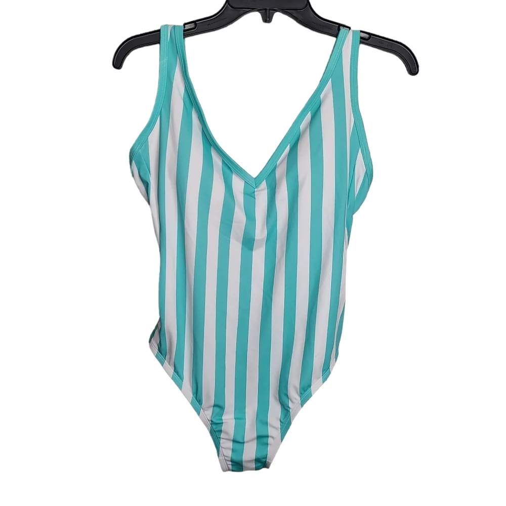 Kona Sol Aqua White Striped One Piece Swimsuit NWT Ladies Size Medium 8/10 - Picture 3 of 15